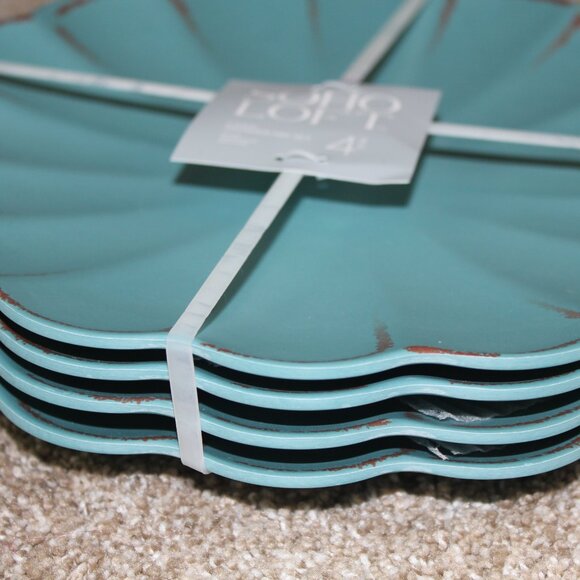 Soho Loft Plates Rustic Scalloped Set of 4 Melamine 11" Dinner Teal Brown NWT - Picture 6 of 7